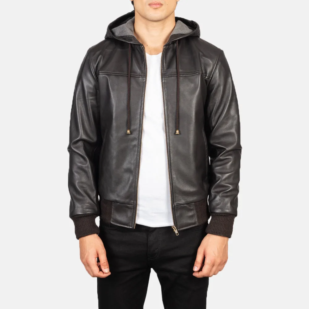 Nintenzo Black Hooded Leather Bomber Jacket - Image 3