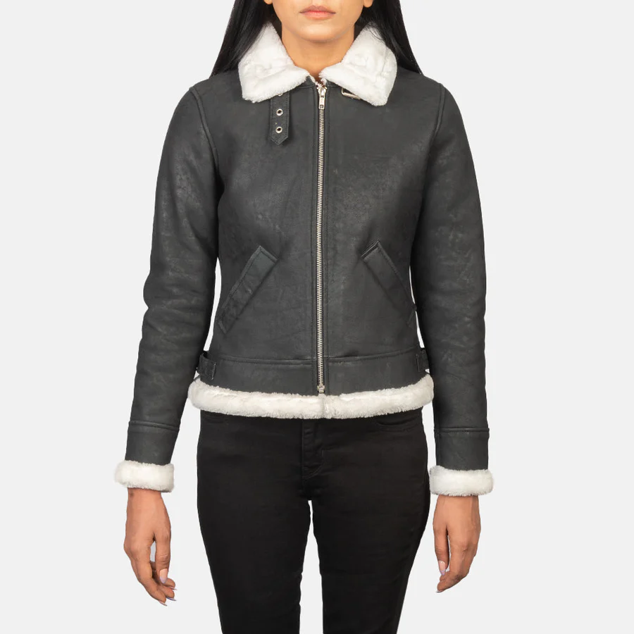 Sherilyn B-3 Distressed Black Leather Bomber Jacket - Image 5